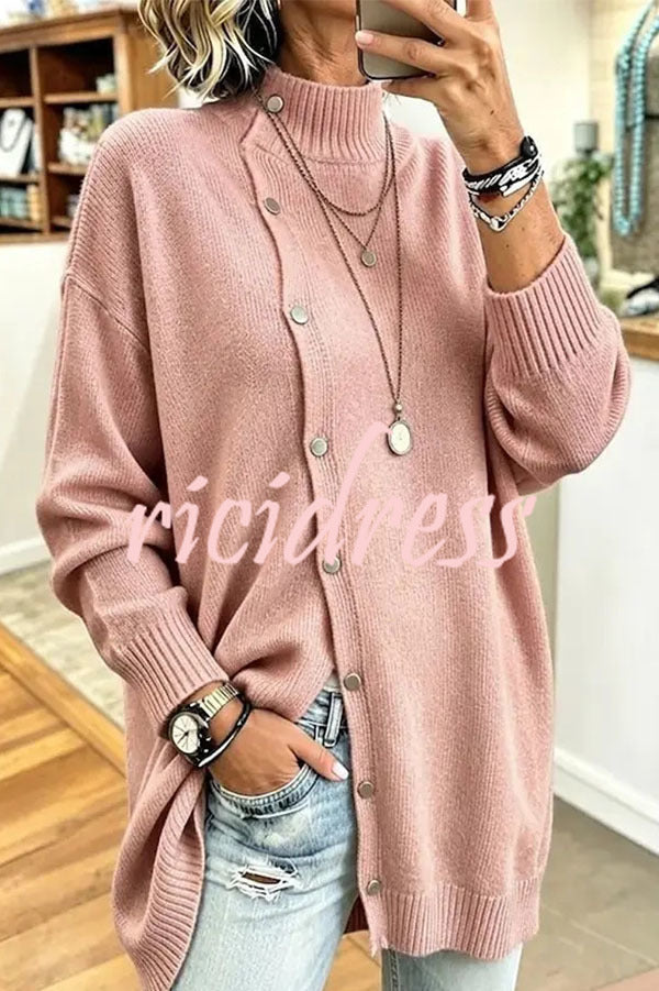 Women's ribbed turtleneck button-down longline jumper