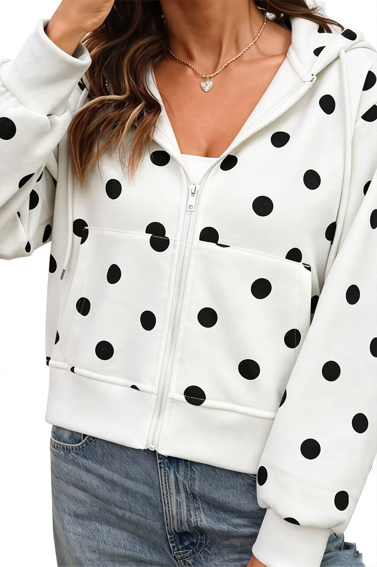 Women's polka dot cropped zip hoodie with long sleeves