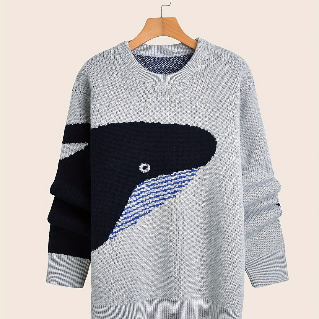 Men's crew-neck jumper with a large whale graphic and long sleeves