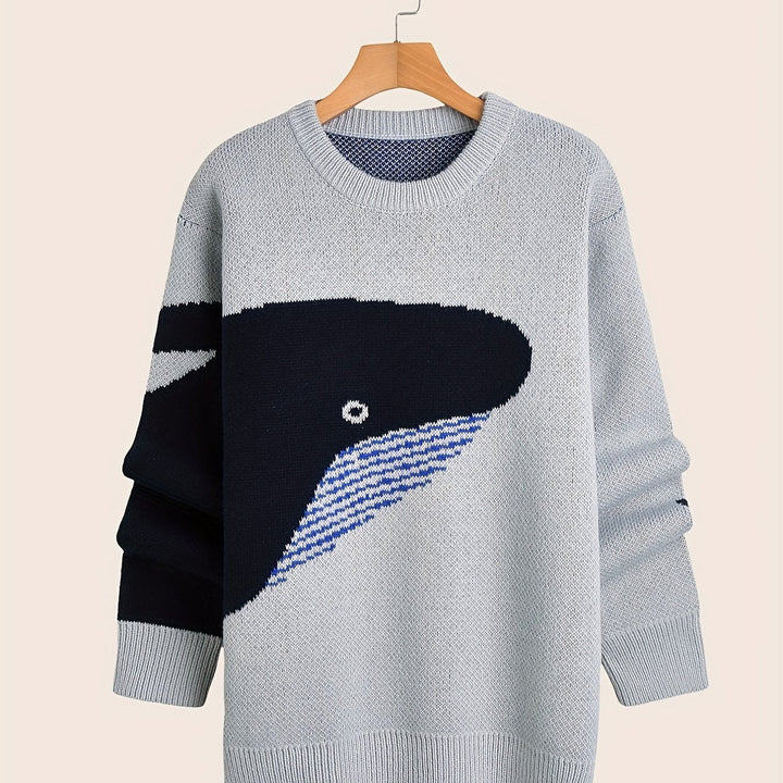 Men's crew-neck jumper with a large whale graphic and long sleeves