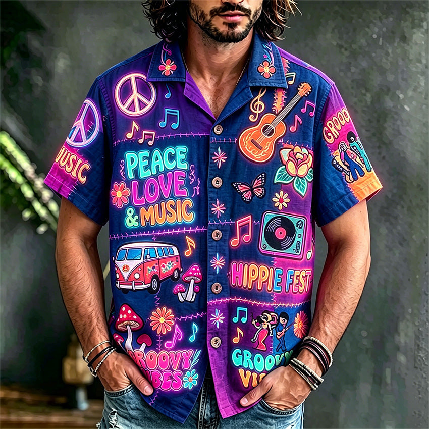 Men's multicolor patchwork graphic shirt with music-themed artwork