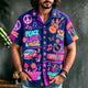 Men's multicolor patchwork graphic shirt with music-themed artwork