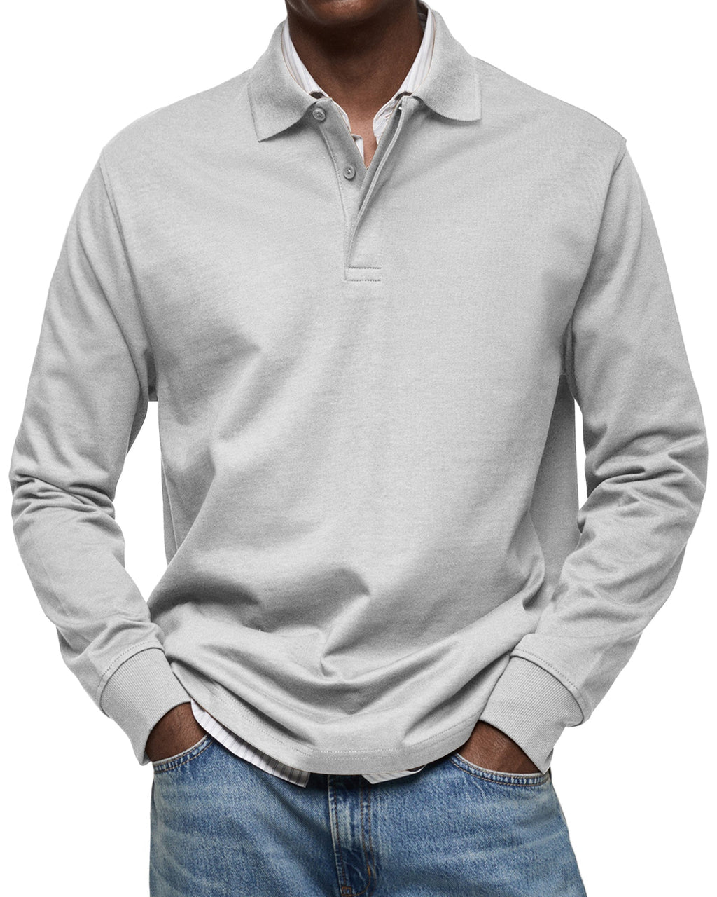Men's long sleeve polo sweater with collar, button placket and ribbed trims