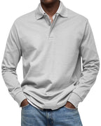 Men's long sleeve polo sweater with collar, button placket and ribbed trims