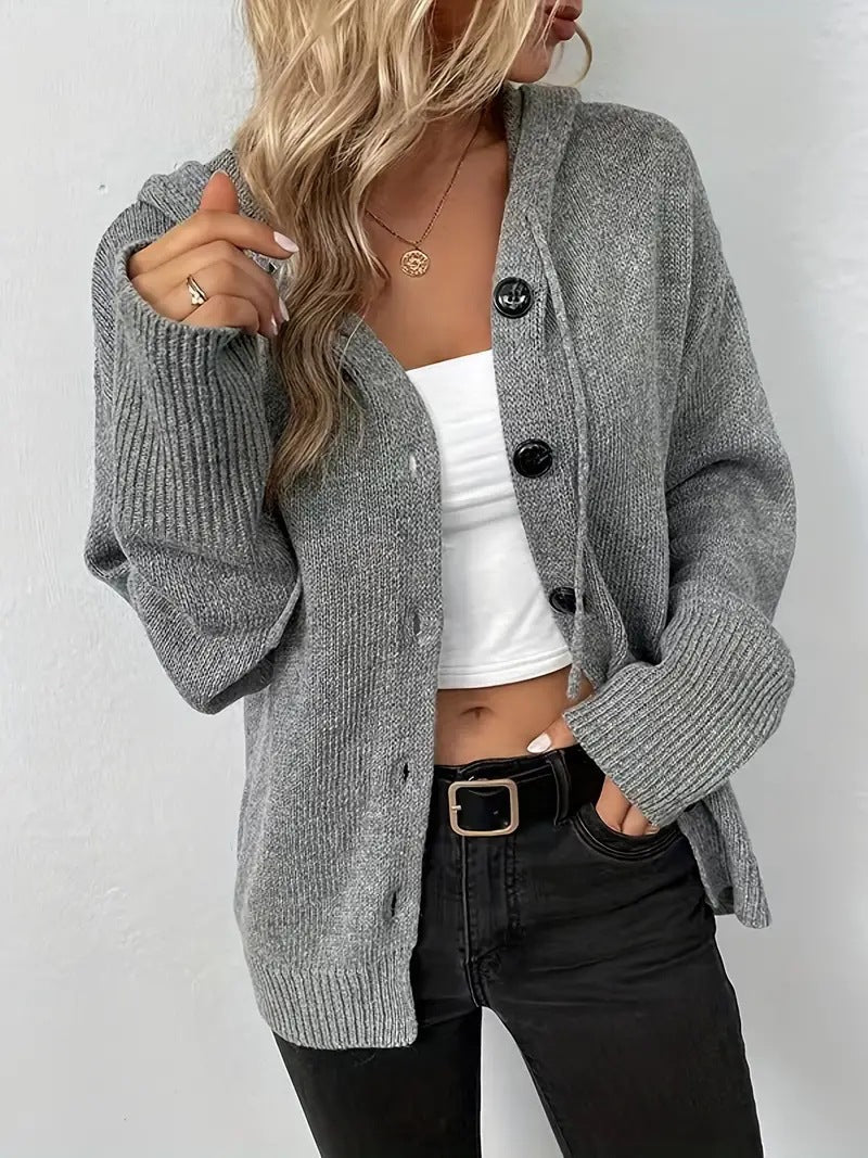 Women's hooded knitted cardigan with button front, long sleeves and ribbed cuffs
