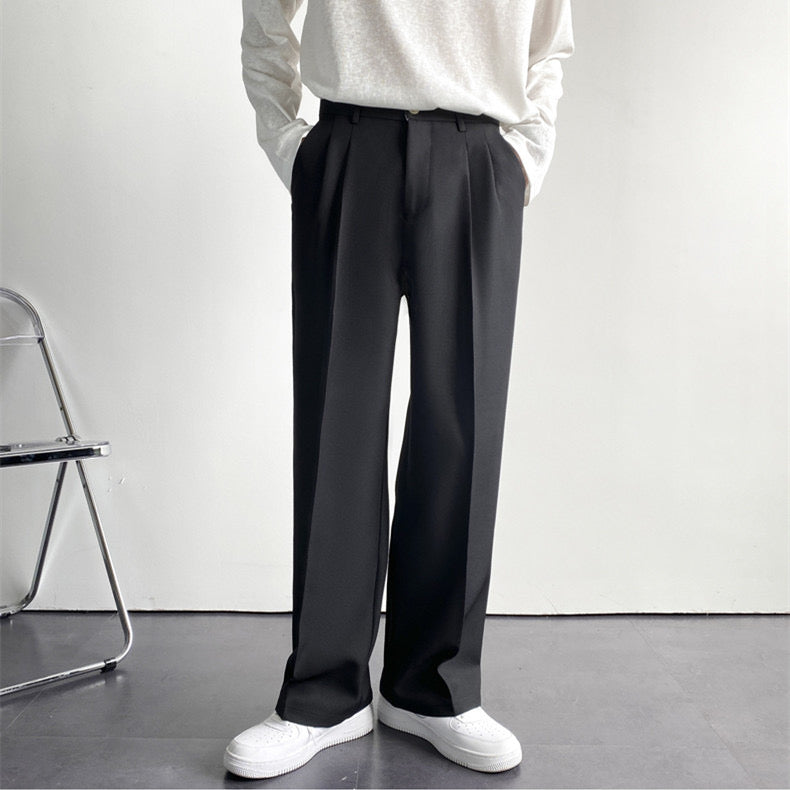 High-waist pleated straight-leg trousers with belt loops