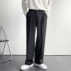 High-waist pleated straight-leg trousers with belt loops