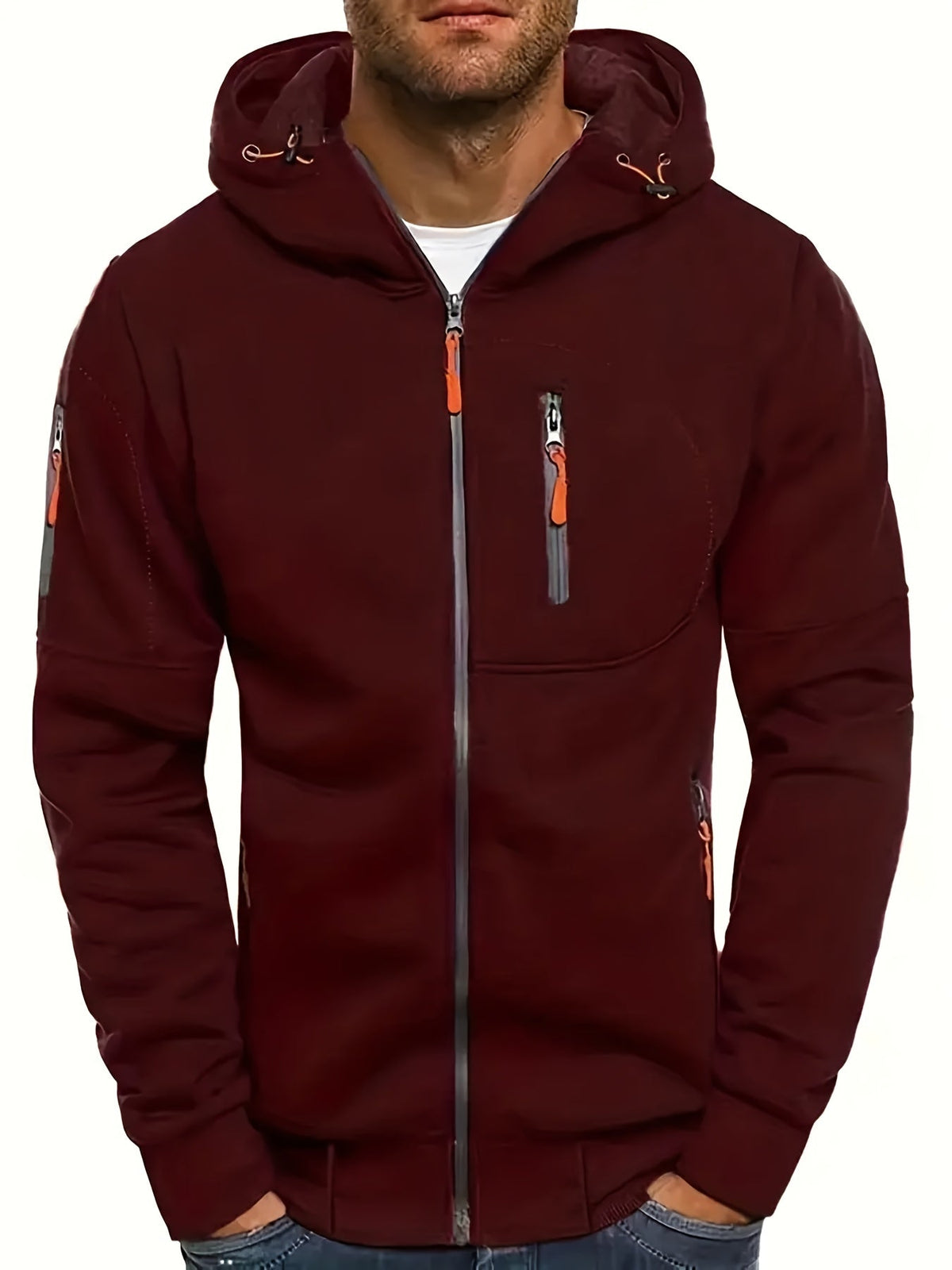 Men's hooded full-zip jacket with multiple zipped pockets and ribbed trims