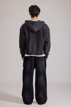 Men's black zip-up hoodie jacket with front pockets and vintage finish