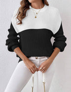 Women's color block ribbed crew neck sweater