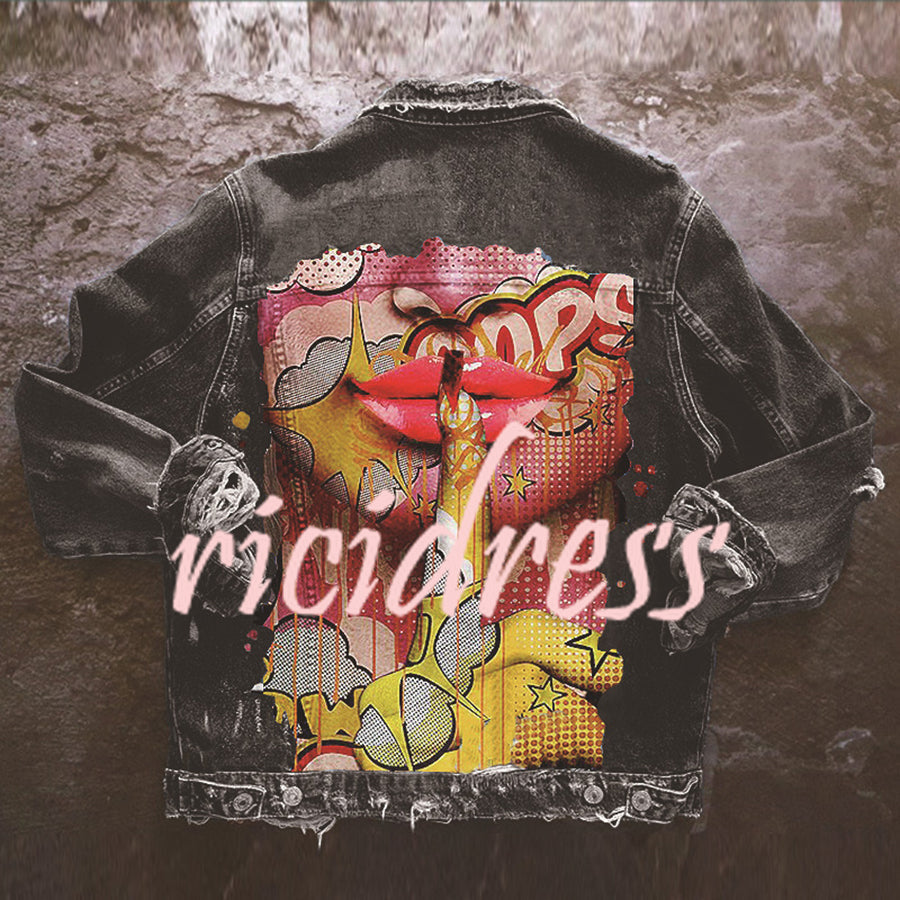 Women's long-sleeve denim jacket with colourful Halloween graphic back print
