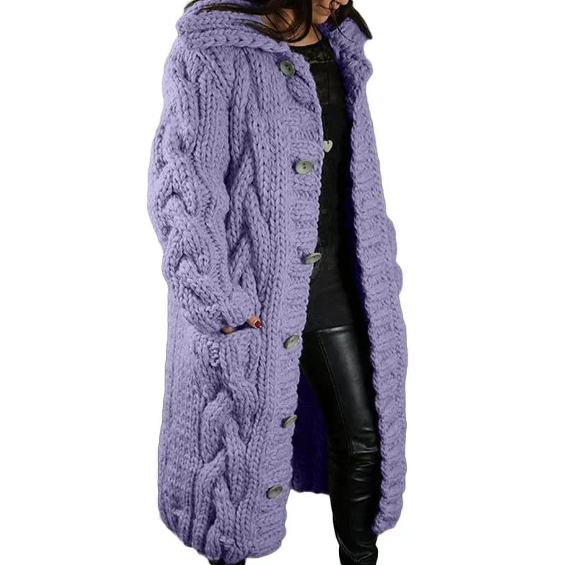Women's longline hooded cable knit cardigan with button front
