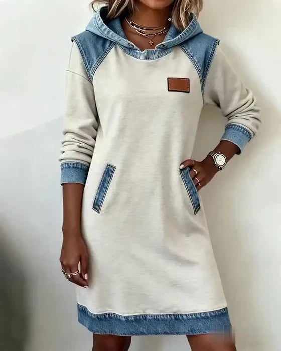 Women's long-sleeve hooded dress with contrast trim and front pockets