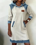 Women's long-sleeve hooded dress with contrast trim and front pockets