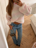 Women's pink and white striped turtle neck jumper with long sleeves