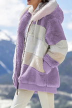 Women's striped hooded zip hoodie with plush textured finish and front pockets
