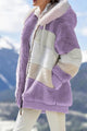Women's striped hooded zip hoodie with plush textured finish and front pockets