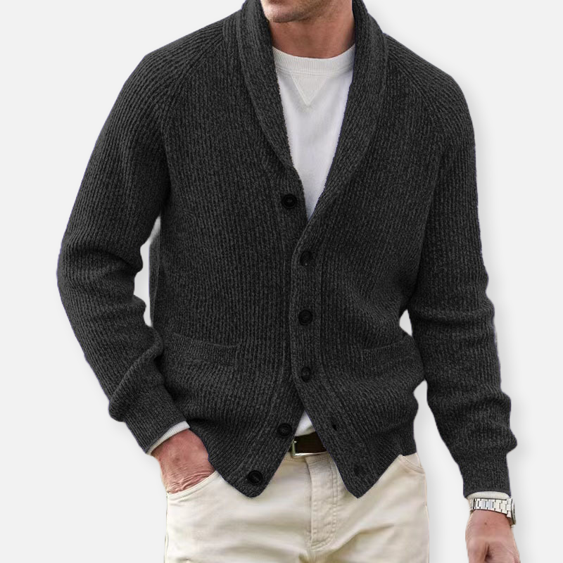 Men's ribbed knit cardigan with shawl collar and button front