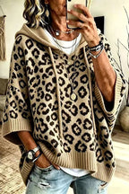 Women's leopard print hooded sweater with three-quarter sleeves