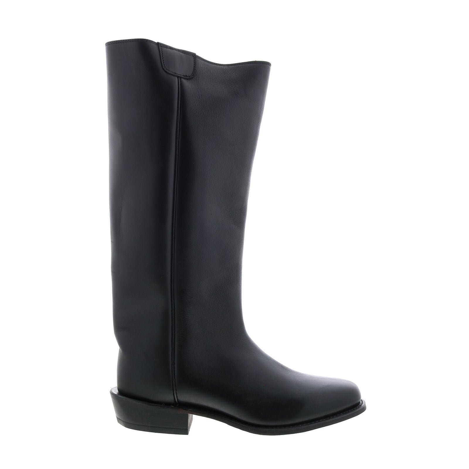 Men's black knee-high slip-on cowboy boots with low heel