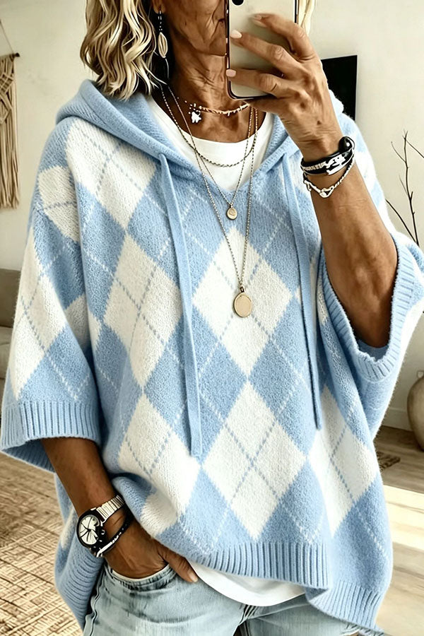 Women's argyle hooded knit sweater with 3/4 sleeves