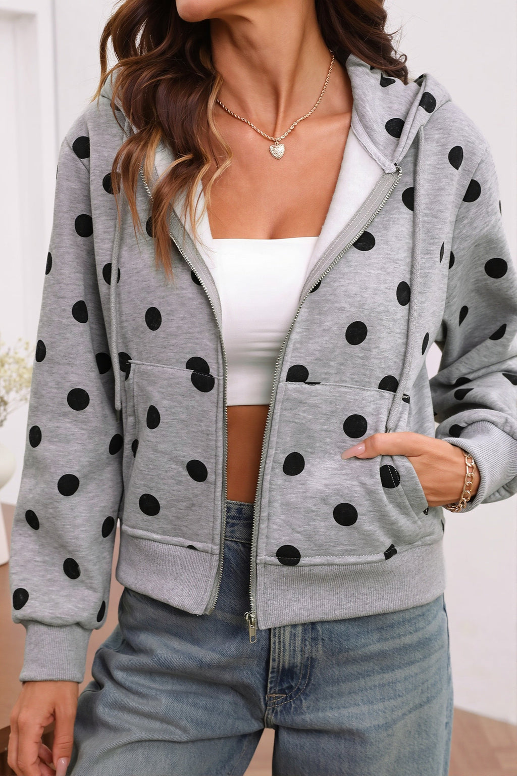 Women's polka dot cropped zip hoodie with long sleeves