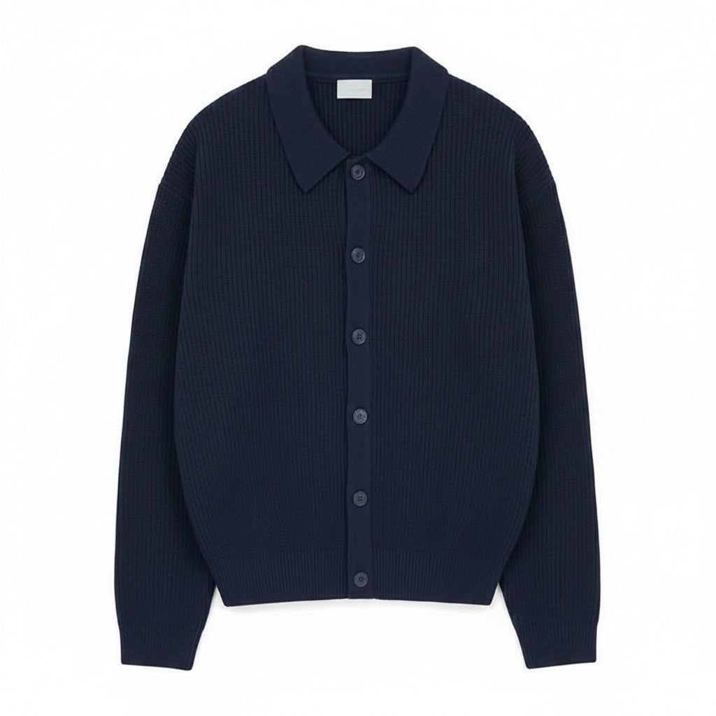 Men's ribbed knit cardigan with collar, buttons and long sleeves