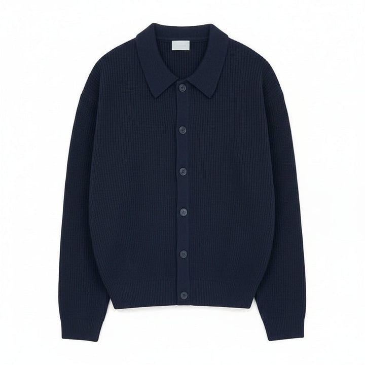 Men's ribbed knit cardigan with collar, buttons and long sleeves
