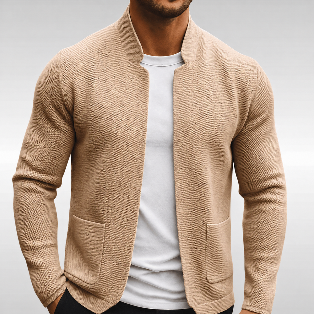 Men's textured knit jacket with stand collar and front patch pockets