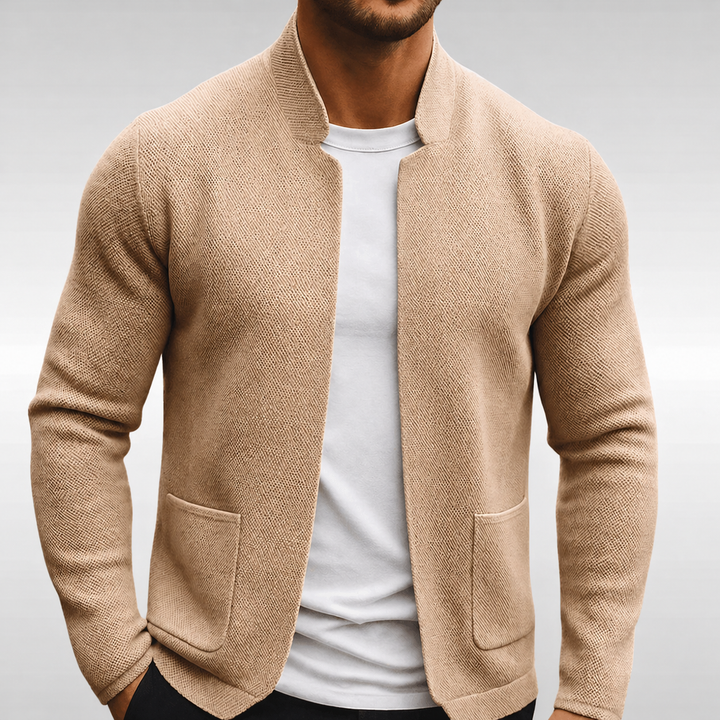 Men's textured knit jacket with stand collar and front patch pockets