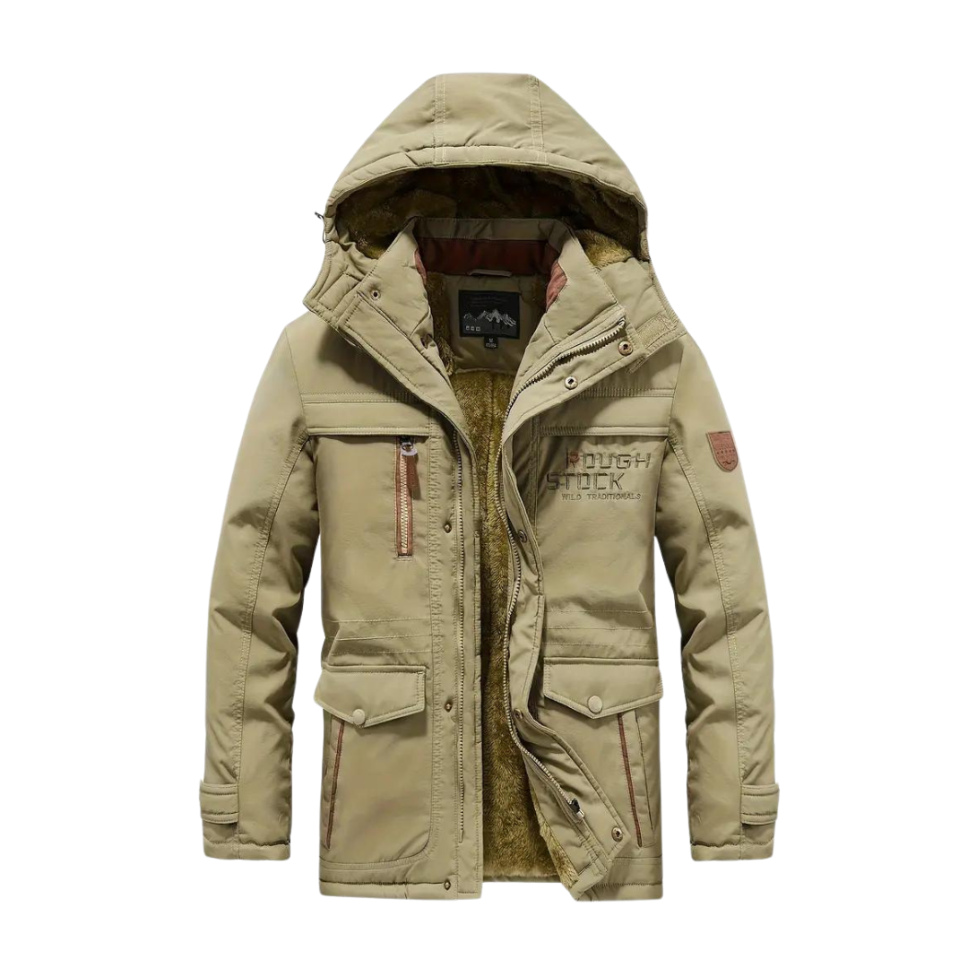 Men's lined hooded outdoor jacket with multiple pockets