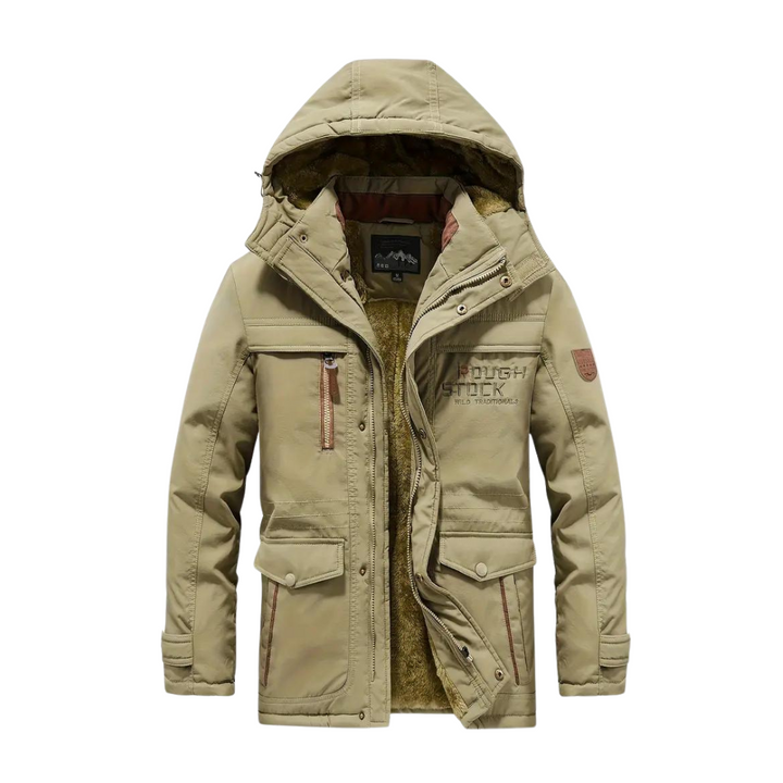 Men's lined hooded outdoor jacket with multiple pockets