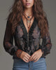 Women's paisley blouse with ruffled V-neck and sheer long sleeves