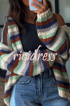 Women's multicoloured striped knit cardigan with open front and balloon sleeves