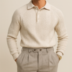 Men's cream textured long-sleeve polo jumper with button placket