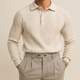 Men's cream textured long-sleeve polo jumper with button placket