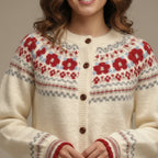 Women's cream Fair Isle button cardigan with patterned yoke