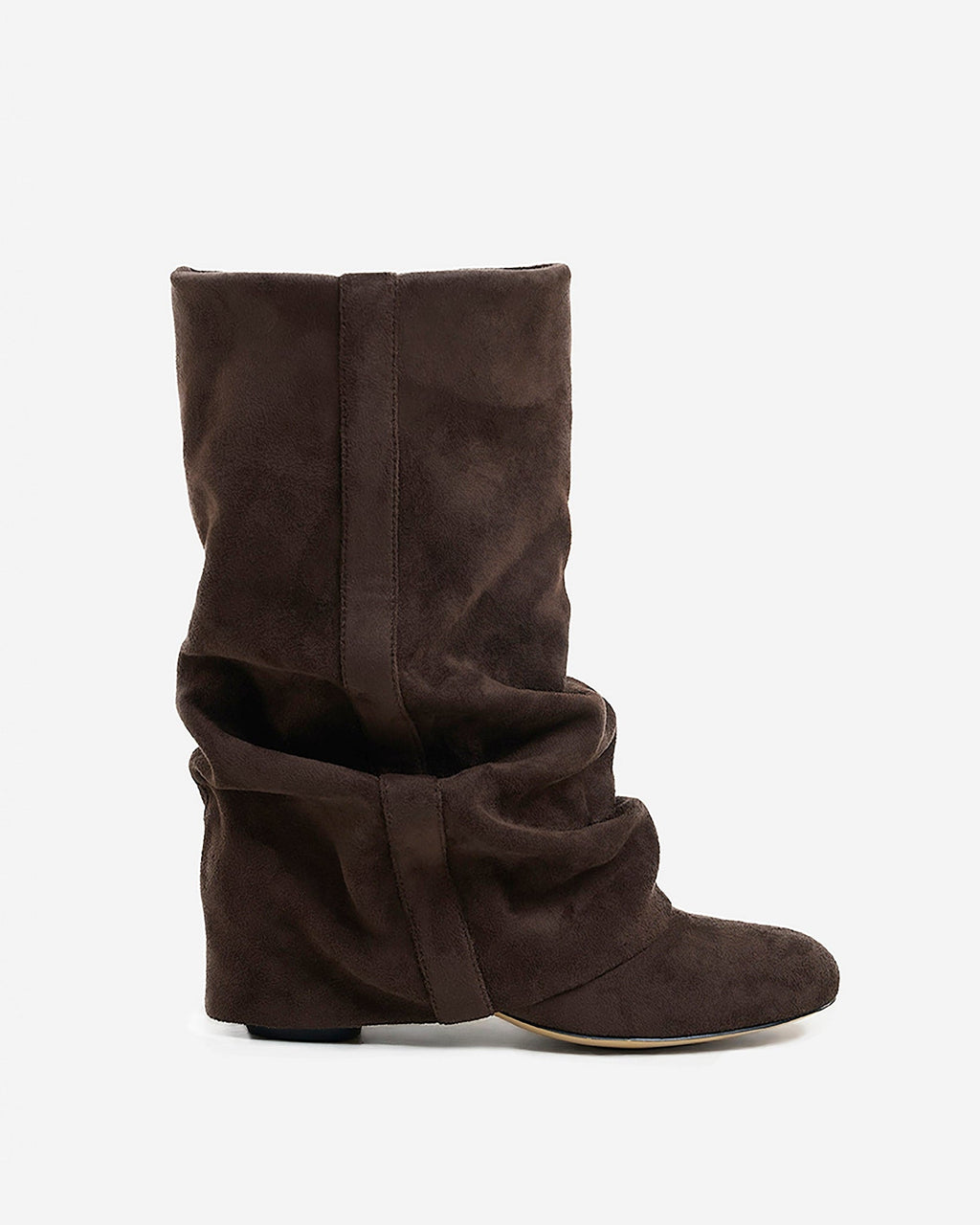 Women's brown slouch mid-calf boots with pointed toes and low heels