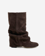 Women's brown slouch mid-calf boots with pointed toes and low heels