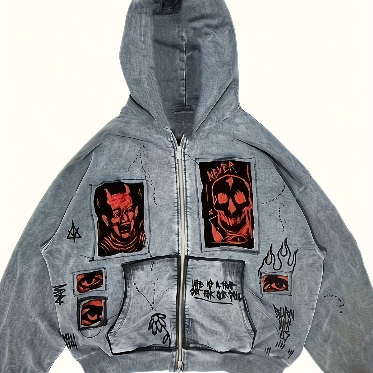 Men's grey zip-up hoodie with hood, graphic patches and front pockets