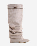Women's taupe slouchy knee-high boots with pointed toes and low wedge heels