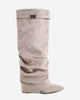 Women's taupe slouchy knee-high boots with pointed toes and low wedge heels