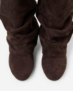 Women's brown slouch mid-calf boots with pointed toes and low heels