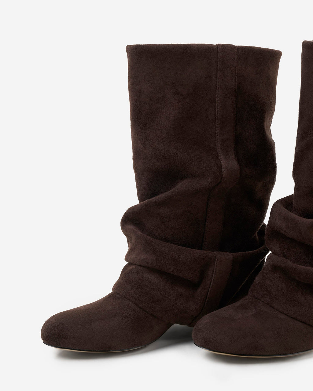 Women's brown slouch mid-calf boots with pointed toes and low heels