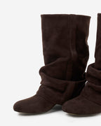 Women's brown slouch mid-calf boots with pointed toes and low heels