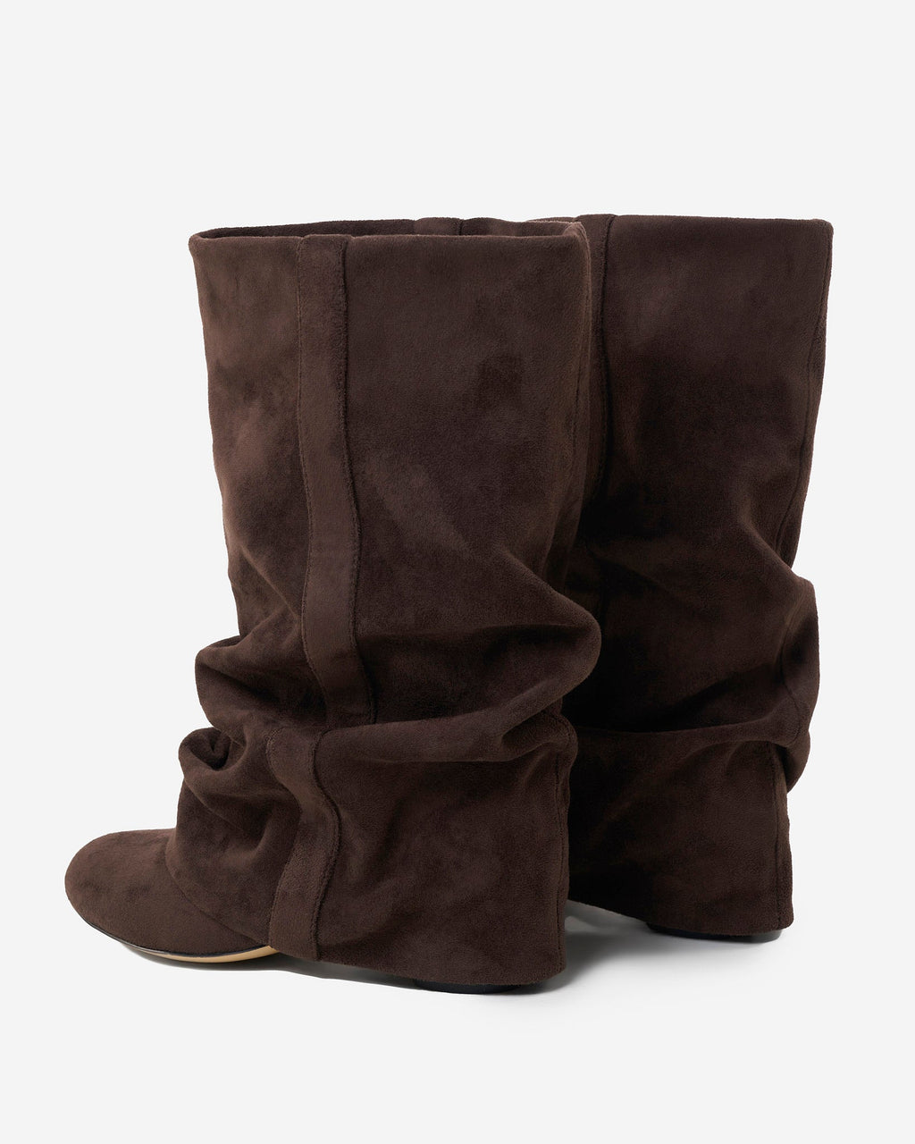 Women's brown slouch mid-calf boots with pointed toes and low heels