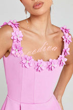 Women's square-neck mini dress with floral appliques and side pockets