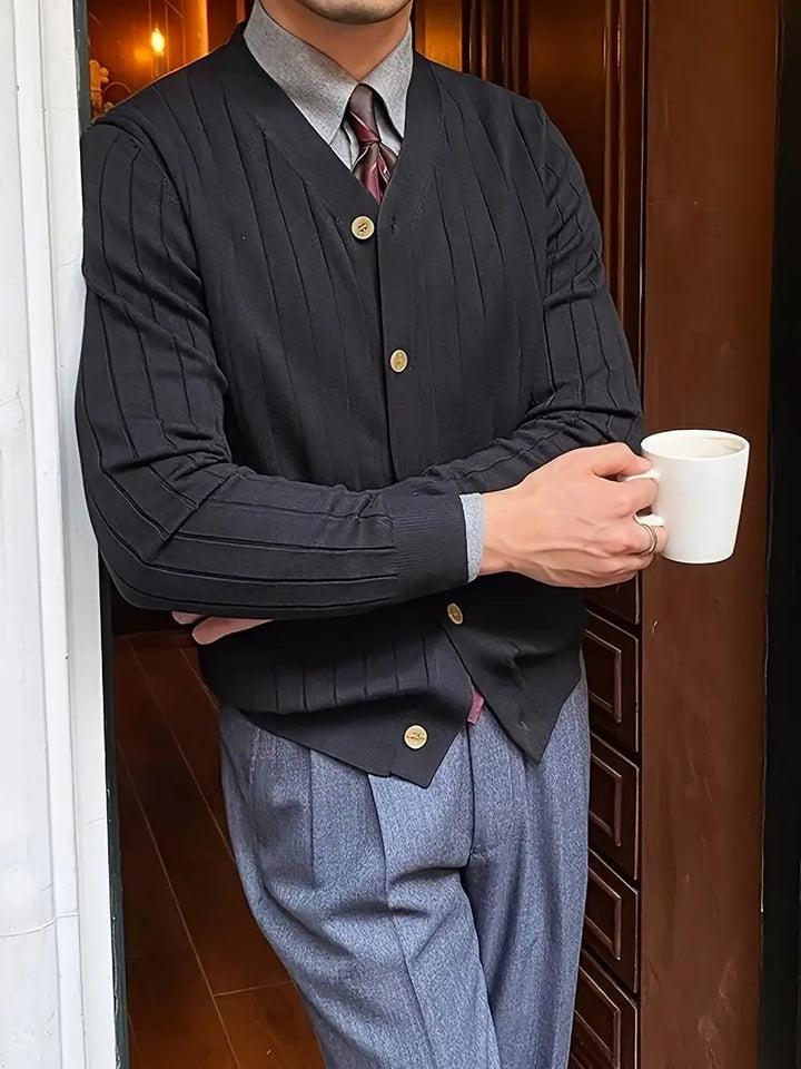 Men's ribbed button cardigan with V-neckline and long sleeves