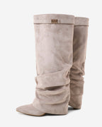Women's taupe slouchy knee-high boots with pointed toes and low wedge heels
