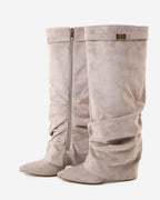 Women's taupe slouchy knee-high boots with pointed toes and low wedge heels